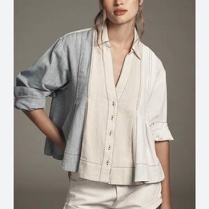 Maeve/Anthropologie Linen Pleated Swing Blouse in Size S. Blue/Cream. NWT
